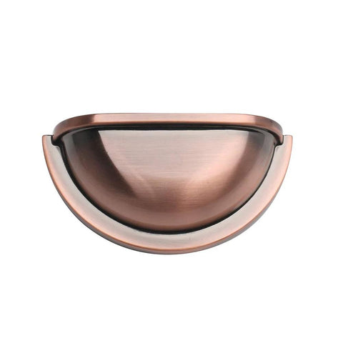 Front view of a 3 Inch Bin Cup Drawer Cabinet Pull in Antique Copper Finish from a 10 Pack Kitchen Cabinet Hardware set.