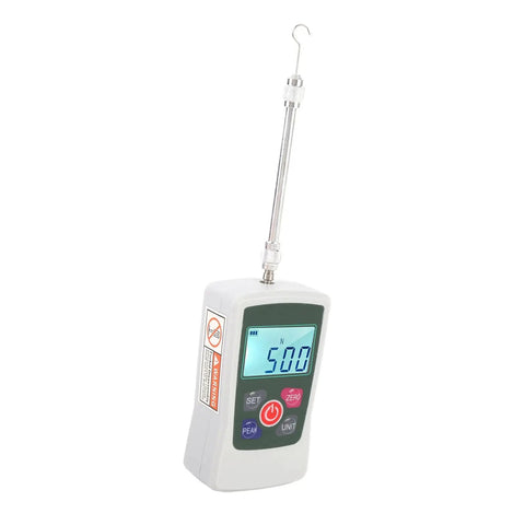 Hand Push Pull Force Gauge 50N Digital Tester With Limit Setting And Alarm, Backlit Readout For Easy Readings In N Kg Lb Oz, Pro Grade Ultra Accurate Sensor For A Workshop Ready Tool, white handheld gauge with hook