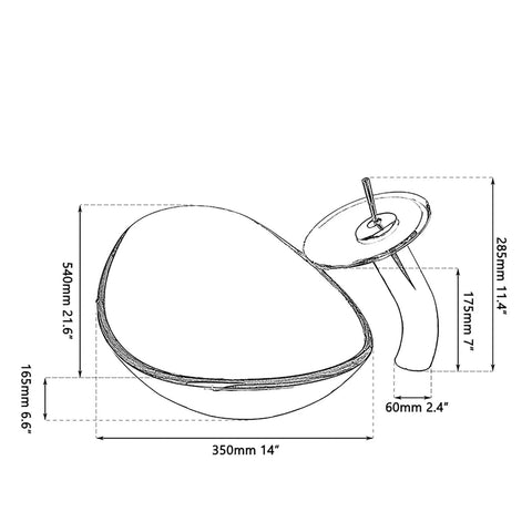 Line drawing with dimensions of the Blue 21 Inch Oval Glass Vessel Sink With Faucet And Pop Up Drain Above Counter Modern Bathroom Vanity Setup