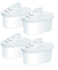 Four white alkaline water filter cartridges for pitcher replacement with 7 stage filtration to purify water and boost pH shown.