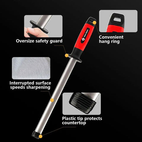 10 Inch Diamond Knife Sharpener Rod For Kitchen And Outdoor Knives Pro Grade For Master Chefs Hunters And Home Gourmets with safety guard and hang ring.