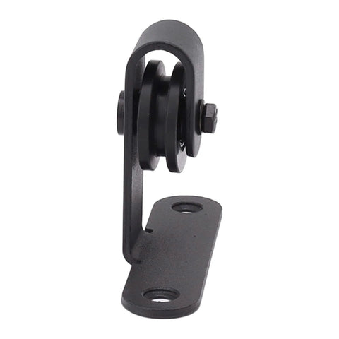 Close-up of black roller component from Quiet ABS Sliding Barn Door Hardware Kit For Double Doors With Bypass Track Flat Rail Low Ceiling Ready.