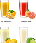 Four glasses of fresh juice: orange, grapefruit, lemon, and lime, showcasing vibrant colors and citrus fruits.