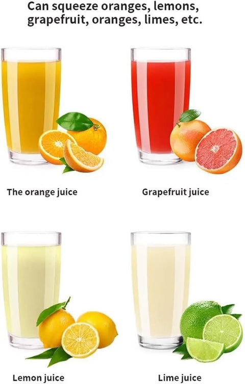 Four glasses of fresh juice: orange, grapefruit, lemon, and lime, showcasing vibrant colors and citrus fruits.