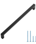 Matte Black 10 Inch Square Cabinet Pulls For Kitchen Cabinets And Drawers, 10-1/2 Inch Overall Length, includes screws on white background