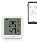 Smart Temp And Humidity Sensor With Real Time Data Refresh Works With Alexa IFTTT And Home Assistant X3 Series next to smartphone app display