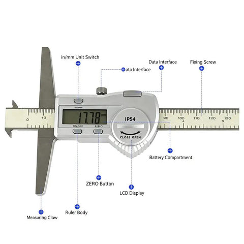 Double‑Hook Digital Depth Gauge Waterproof Stainless Steel Electronic Vernier Caliper showing LCD display and measuring claw.