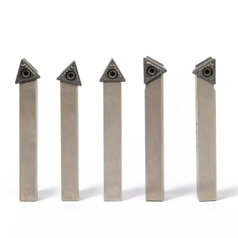 Pro Grade Mini Indexable Lathe Turning Tool Set Featuring One Quarter Inch Shank Nickel Plated Steel Holders With Five Carbide Inserts displayed