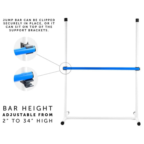 Beginner Dog Agility Kit With Jumps, Tire Jump, Weave Poles, 10 Ft Tunnel; adjustable 26-inch bar jump with clips shown