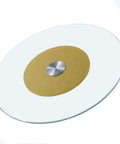 Big Ol Tempered Glass Lazy Susan Turntable For Dining Table Large Tabletop Rotating Tray 8mm Thick Glass with gold center detail.