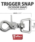 Front view: Jeffers trigger snap clip with swivel square eye, nickel-plated die-cast metal, 2.375-in long