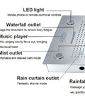 Top Notch LED Ceiling Shower Panel With Built In Bluetooth Speaker And Six Spray Functions Including Rainfall Waterfall And Body Mist For A Chill Spa Upgrade In Antique Brass showing control features and spray outlets.
