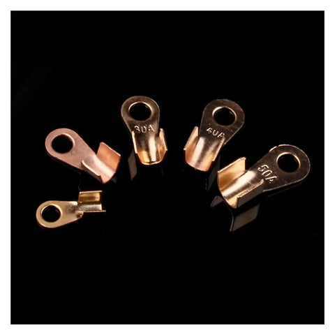 Check Out This Awesome 70 Pack Of Premium Copper Circular Splice Terminals And Wire Connectors Including All Sized OT Open Ring Lugs For Battery Cables With High Amp Assortment Kit That Makes Wiring A Total Breeze. Copper OT ring lugs, 10A to 50A, assorted sizes on black background