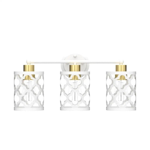 Modern Brushed Gold And White Vanity Light With Metal Cage, 3 Light Wall Sconce Over Mirror, E26 Bulbs Required, front view
