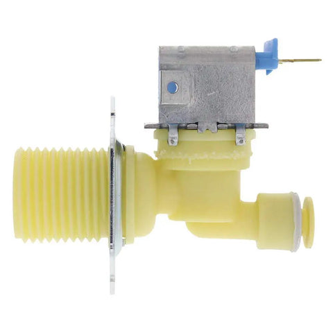 Side view of 137544800 Water Inlet Valve for Electrolux Dryers Replaces AP5736218, showing yellow valve design and metal connector.