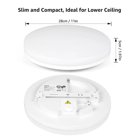 Top and side view of Slim Flush Mount LED Ceiling Light 2400 Lumens, IP54 Waterproof Dustproof, 28cm diameter, 5cm height.