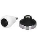 58 Millimeter Size Coffee Tamper Top Tier Stainless Espresso Press With Smooth Grip And Accurate Flat Pad parts, black and white design.