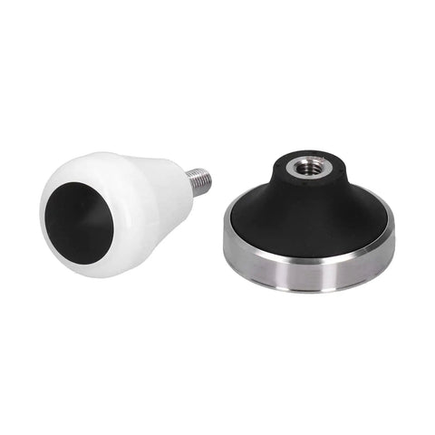 58 Millimeter Size Coffee Tamper Top Tier Stainless Espresso Press With Smooth Grip And Accurate Flat Pad parts, black and white design.