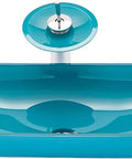 Dope Premium Cyan Rectangular Glass Bathroom Vessel Sink Countertop Vanity Basin Featuring Brass Waterfall Faucet Badass Scratch Resistant Finish For Your Crib, top view.