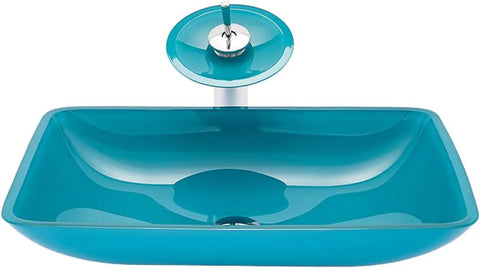 Dope Premium Cyan Rectangular Glass Bathroom Vessel Sink Countertop Vanity Basin Featuring Brass Waterfall Faucet Badass Scratch Resistant Finish For Your Crib, top view.