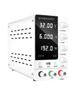 Adjustable DC Bench Power Supply 32V 6A And 30V 10A Regulated Switching Lab Source with digital display and control knobs, compact white.