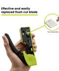 Hand holding an All In One RJ45 Crimp Tool For Pass Through Connectors, Cut, Score, And Strip, Works With Cat5e, Cat6, Cat6A Shielded And Unshielded Cabling, Ultra Versatile Ethernet Tool For Fast, Reliable Cable Installations with a focus on flush cut blade
