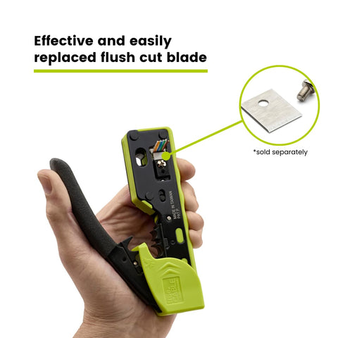Hand holding an All In One RJ45 Crimp Tool For Pass Through Connectors, Cut, Score, And Strip, Works With Cat5e, Cat6, Cat6A Shielded And Unshielded Cabling, Ultra Versatile Ethernet Tool For Fast, Reliable Cable Installations with a focus on flush cut blade