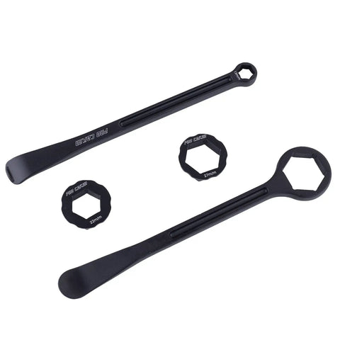 Heavy Duty All In One Motorcycle Tire Change Kit with 22 mm and 27 mm hex wrench heads, tire iron levers, and spoon tool.