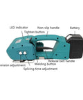 Heavy Duty Portable Electric Strapping Machine With High Capacity Battery Powers Automatic Hot Melt Sealing For 9Mm To 16Mm Pet Pp Strap, featuring controls like LED indicator, non-slip handle.