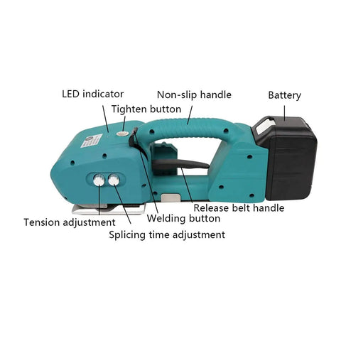 Heavy Duty Portable Electric Strapping Machine With High Capacity Battery Powers Automatic Hot Melt Sealing For 9Mm To 16Mm Pet Pp Strap, featuring controls like LED indicator, non-slip handle.