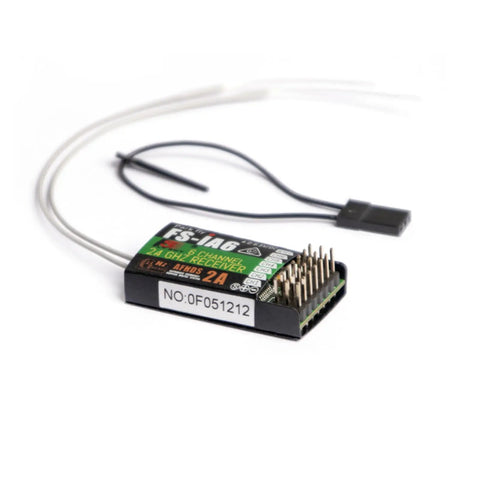 FS-iA6 6-Channel 2.4GHz RC Receiver With Dual Antennas; shown with connectors and wiring visible.