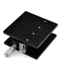Manual Linear Positioning Stage Four Axis With 90mm By 90mm Platform, black aluminum sliding table with micrometer adjustment.