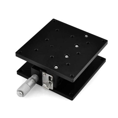 Manual Linear Positioning Stage Four Axis With 90mm By 90mm Platform, black aluminum sliding table with micrometer adjustment.