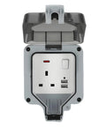 Heavy Duty Outdoor Electric Outlet With Dual Usb Ports And Rugged Flip Cover, Hella Weatherproof 13 Amp Wall Socket shown open.