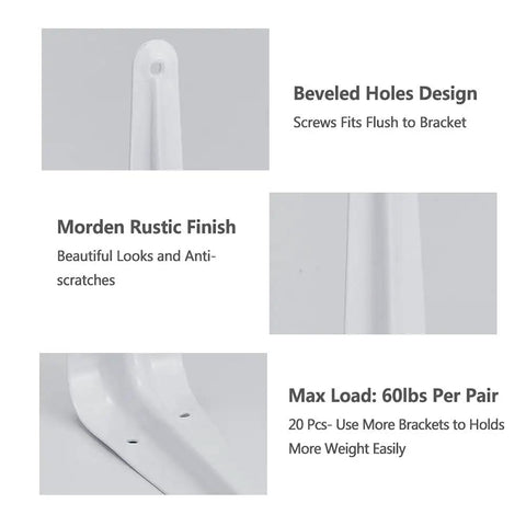 Close-up of 20 Pack 12 Inch White Heavy Duty Steel Shelf Brackets Set L Shaped Wall Mount Braces showing beveled holes and rustic finish.