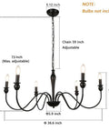 Six Light Black Modern Farmhouse Chandelier With Rustic Vintage Candle Iron Arms In Matte Black Finish 36.6 Inch Length dimensions