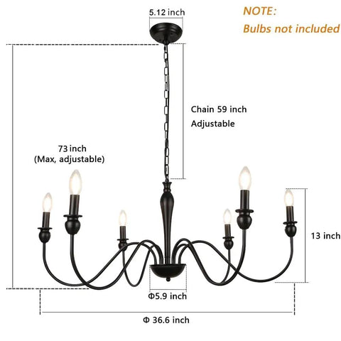 Six Light Black Modern Farmhouse Chandelier With Rustic Vintage Candle Iron Arms In Matte Black Finish 36.6 Inch Length dimensions