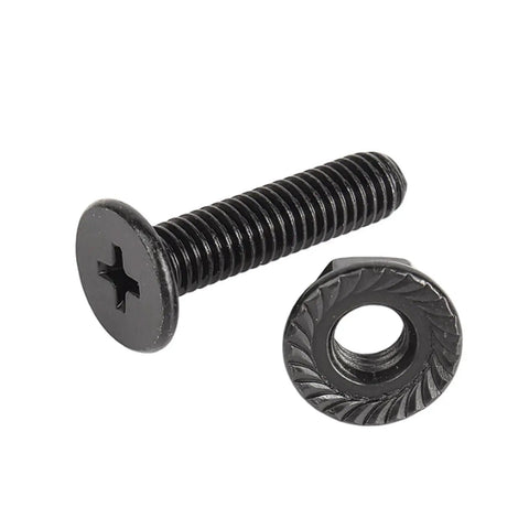 Black 304 Stainless Steel M6 cross head screw with 12mm flat head and serrated flange nut, durable and heavy duty.