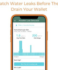 Smart Home Water Monitor And Leak Detector With WiFi Connectivity, Real Time Usage Tracking, Alerts, No Fuss Setup, And Broad Compatibility With Most Residential Water Meters For Android And iOS. Phone screen shows leak alert and water usage chart.