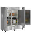 80 Inch Commercial Reach In Refrigerator Triple Door Stainless Steel Kitchen MVP Boasting 72 Cubic Feet Of Storage With Aluminum Interior And 9 Adjustable Shelves, open with bins inside.
