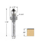 Carbide Tipped No File Trim Bit For Fast Laminate Edging With.015 Radius And 1/2 Inch Diameter, 3/8 Inch Cutting Height, 1/4 Inch Shank, 1-7/8 Inch Overall Length, shown with measurement details.