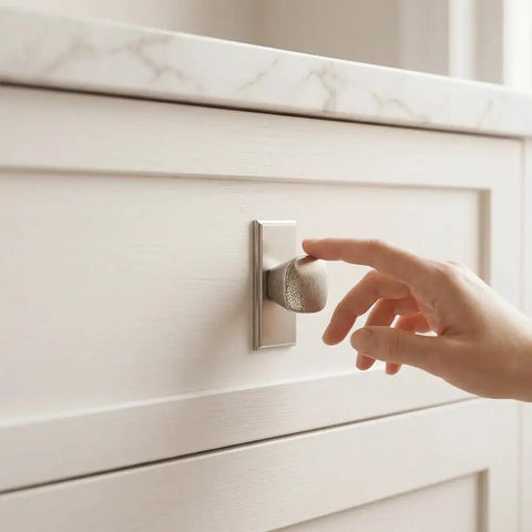 Hand touching modern zinc alloy cabinet knobs with backplates round drawer knobs for kitchen cupboard bathroom dresser and closet doors built to last tarnish resistant nickel wire drawing finish.