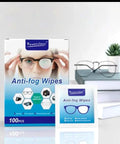 Front view of Powerclean Anti-fog Wipes box with small packet, 100 pcs, blue and white glasses packaging