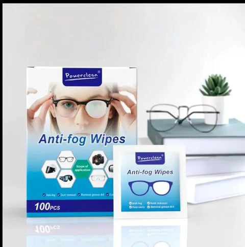 Front view of Powerclean Anti-fog Wipes box with small packet, 100 pcs, blue and white glasses packaging
