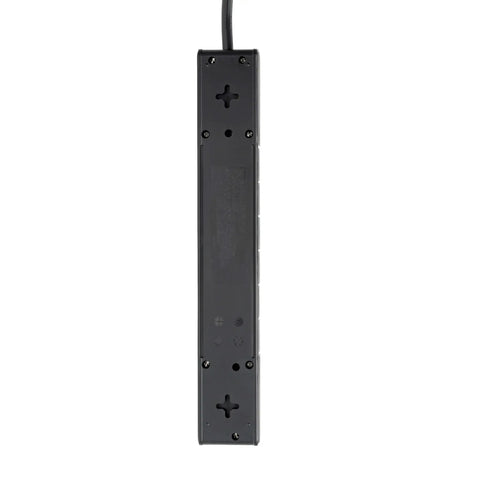 Back view of Six Rotatable Outlets Surge Protector Power Strip With Eight Foot Cord And Two USB Ports, black finish