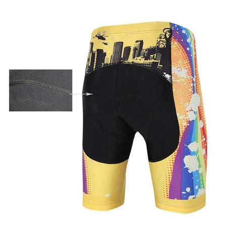 Colorful cycling shorts with city skyline design and reinforced stitching detail, rear view.