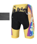 Colorful cycling shorts with city skyline and abstract rainbow design, featuring close-up of black padded seat stitching.