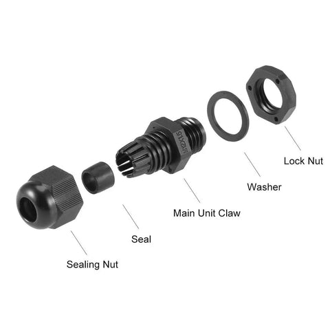 Components of M12x1.5 Cable Gland For 2mm To 5mm Wire Hole Waterproof Nylon Joint With Adjustable Locknut And Washer Black 10 Pieces