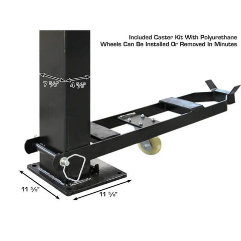 Commercial Grade Four Post Vehicle Lift Paired With Rj6 Rolling Bridge Jacks Combo base with caster kit and polyurethane wheels.