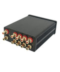 Back view of RCA Switcher 4 In 1 Out For Home Audio Setup with gold plated RCA connectors and black aluminum body.
